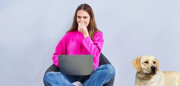 Blast Auxiliary girl sitting on chair holding nose to pet odors